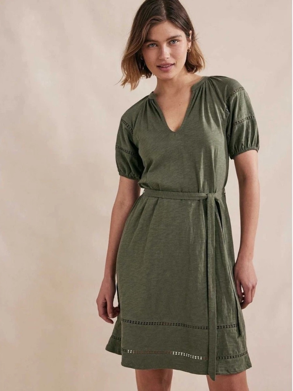 Boden Tie-Waist Puff Sleeve Cotton Mini Dress